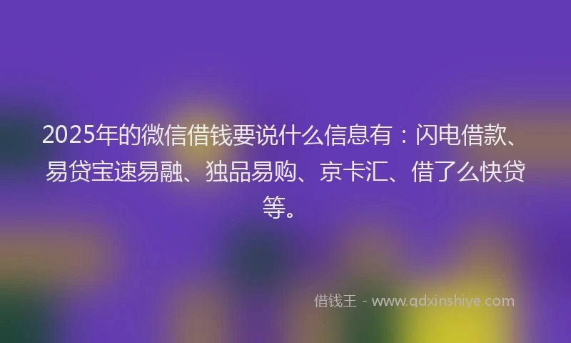 2025年的微信借钱要说什么信息有：闪电借款、易贷宝速易融、独品易购、京卡汇、借了么快贷等。