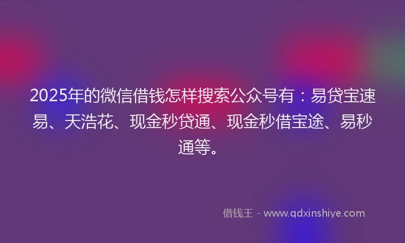 2025年的微信借钱怎样搜索公众号有：易贷宝速易、天浩花、现金秒贷通、现金秒借宝途、易秒通等。