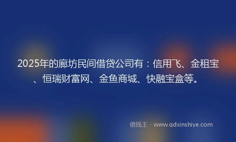 2025年的廊坊民间借贷公司有：信用飞、金租宝、恒瑞财富网、金鱼商城、快融宝盒等。