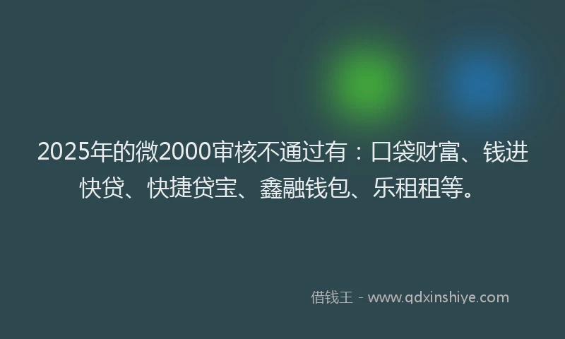 2025年的微2000审核不通过有：口袋财富、钱进快贷、快捷贷宝、鑫融钱包、乐租租等。