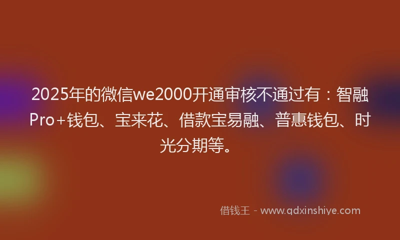 2025年的微信we2000开通审核不通过有：智融Pro+钱包、宝来花、借款宝易融、普惠钱包、时光分期等。