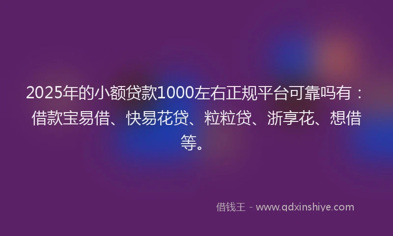 2025年的小额贷款1000左右正规平台可靠吗有：借款宝易借、快易花贷、粒粒贷、浙享花、想借等。