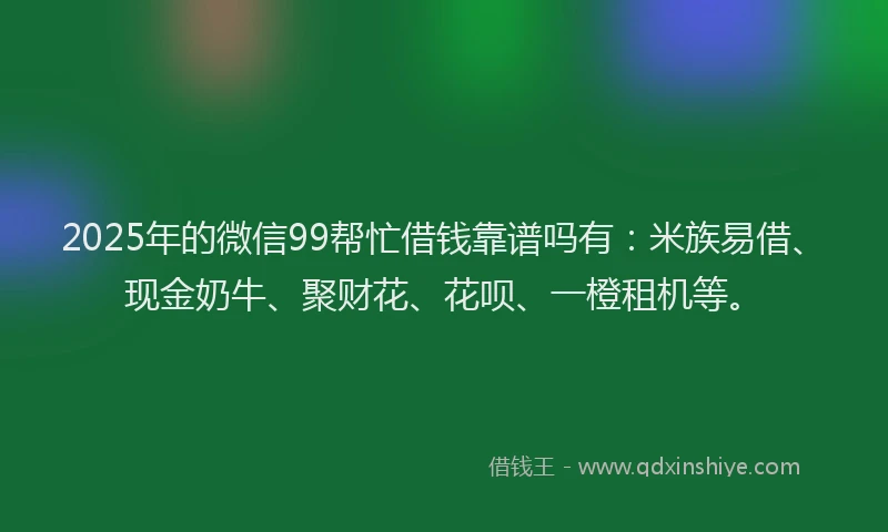 2025年的微信99帮忙借钱靠谱吗有：米族易借、现金奶牛、聚财花、花呗、一橙租机等。