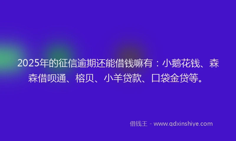 2025年的征信逾期还能借钱嘛有：小鹅花钱、森森借呗通、榕贝、小羊贷款、口袋金贷等。