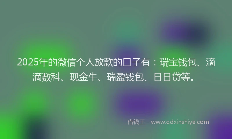 2025年的微信个人放款的口子有：瑞宝钱包、滴滴数科、现金牛、瑞盈钱包、日日贷等。