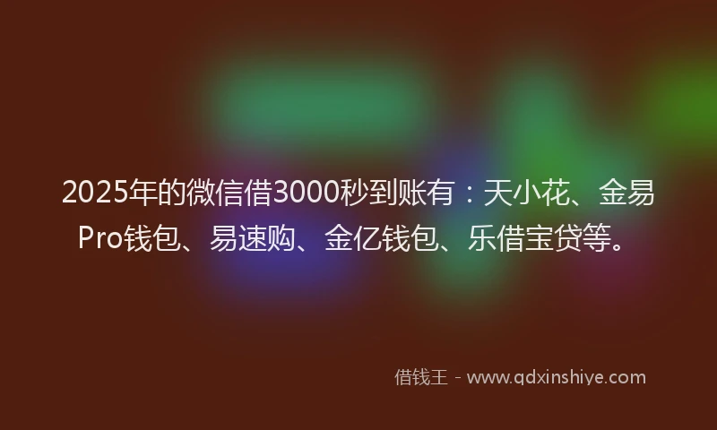 2025年的微信借3000秒到账有：天小花、金易Pro钱包、易速购、金亿钱包、乐借宝贷等。