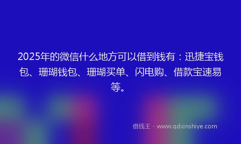 2025年的微信什么地方可以借到钱有：迅捷宝钱包、珊瑚钱包、珊瑚买单、闪电购、借款宝速易等。