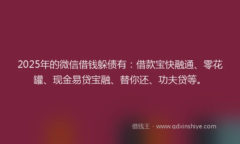 2025年的微信借钱躲债有：借款宝快融通、零花罐、现金易贷宝融、替你还、功夫贷等。
