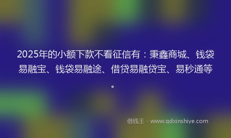 2025年的小额下款不看征信有：秉鑫商城、钱袋易融宝、钱袋易融途、借贷易融贷宝、易秒通等。