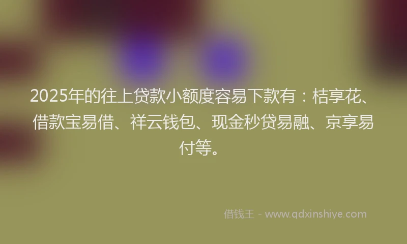 2025年的往上贷款小额度容易下款有：桔享花、借款宝易借、祥云钱包、现金秒贷易融、京享易付等。