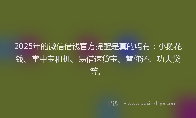 2025年的微信借钱官方提醒是真的吗有：小鹅花钱、掌中宝租机、易借速贷宝、替你还、功夫贷等。