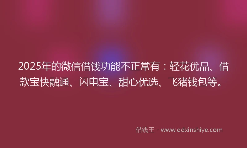 2025年的微信借钱功能不正常有：轻花优品、借款宝快融通、闪电宝、甜心优选、飞猪钱包等。