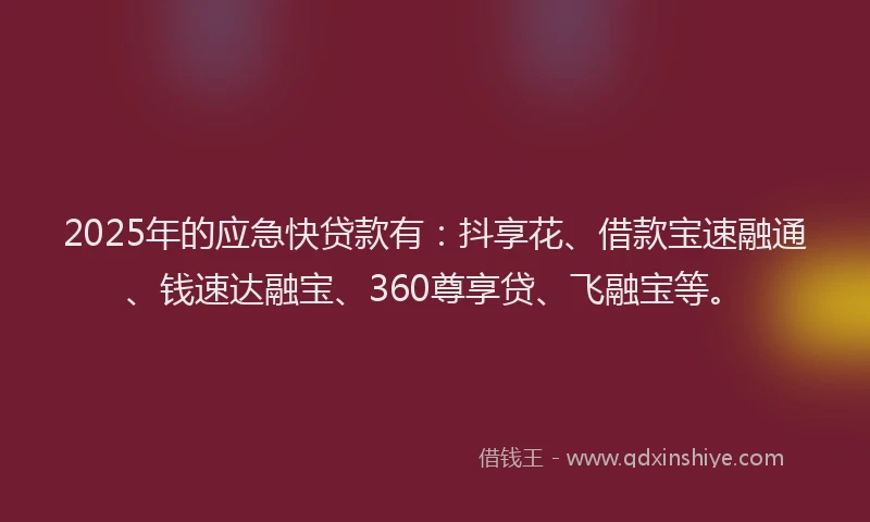 2025年的应急快贷款有：抖享花、借款宝速融通、钱速达融宝、360尊享贷、飞融宝等。