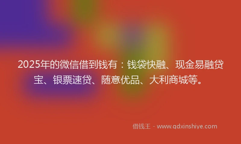 2025年的微信借到钱有：钱袋快融、现金易融贷宝、银票速贷、随意优品、大利商城等。