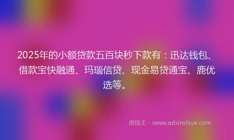 2025年的小额贷款五百块秒下款有：迅达钱包、借款宝快融通、玛瑙信贷、现金易贷通宝、鹿优选等。