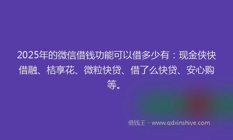 2025年的微信借钱功能可以借多少有：现金侠快借融、桔享花、微粒快贷、借了么快贷、安心购等。