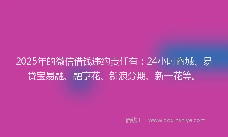 2025年的微信借钱违约责任有：24小时商城、易贷宝易融、融享花、新浪分期、新一花等。