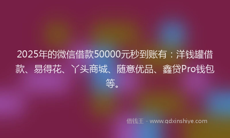 2025年的微信借款50000元秒到账有：洋钱罐借款、易得花、丫头商城、随意优品、鑫贷Pro钱包等。