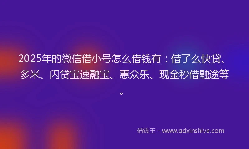 2025年的微信借小号怎么借钱有：借了么快贷、多米、闪贷宝速融宝、惠众乐、现金秒借融途等。
