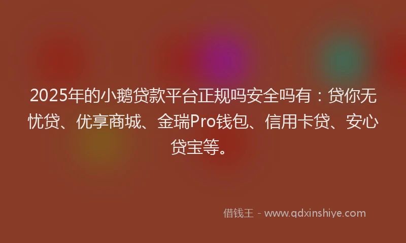 2025年的小鹅贷款平台正规吗安全吗有：贷你无忧贷、优享商城、金瑞Pro钱包、信用卡贷、安心贷宝等。