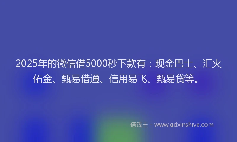 2025年的微信借5000秒下款有：现金巴士、汇火佑金、甄易借通、信用易飞、甄易贷等。