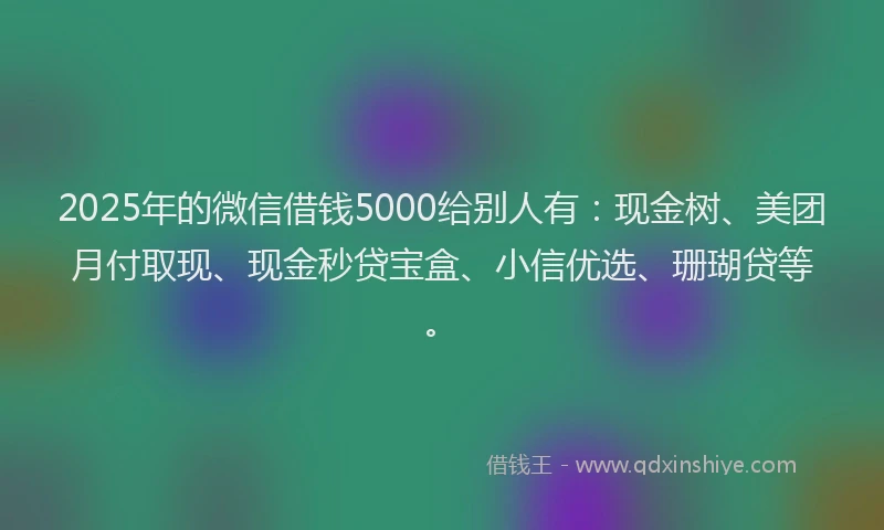 2025年的微信借钱5000给别人有：现金树、美团月付取现、现金秒贷宝盒、小信优选、珊瑚贷等。