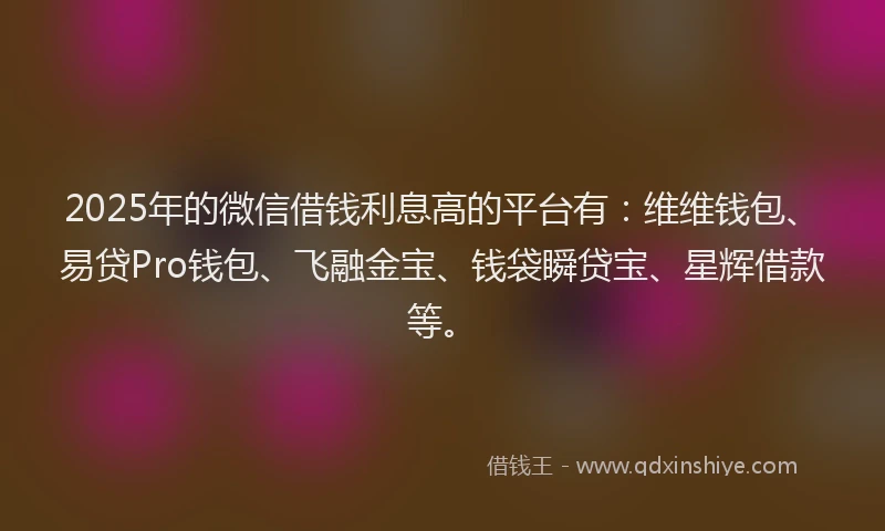 2025年的微信借钱利息高的平台有：维维钱包、易贷Pro钱包、飞融金宝、钱袋瞬贷宝、星辉借款等。