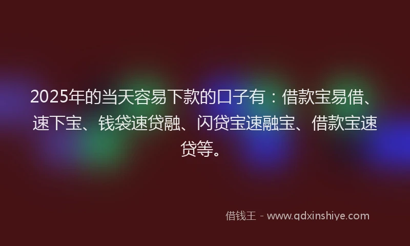 2025年的当天容易下款的口子有：借款宝易借、速下宝、钱袋速贷融、闪贷宝速融宝、借款宝速贷等。