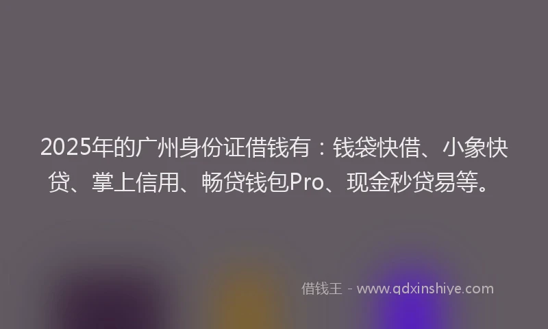 2025年的广州身份证借钱有：钱袋快借、小象快贷、掌上信用、畅贷钱包Pro、现金秒贷易等。