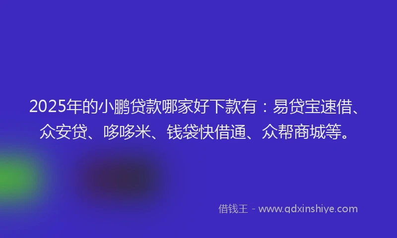 2025年的小鹏贷款哪家好下款有：易贷宝速借、众安贷、哆哆米、钱袋快借通、众帮商城等。