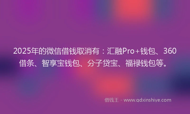 2025年的微信借钱取消有：汇融Pro+钱包、360借条、智享宝钱包、分子贷宝、福禄钱包等。