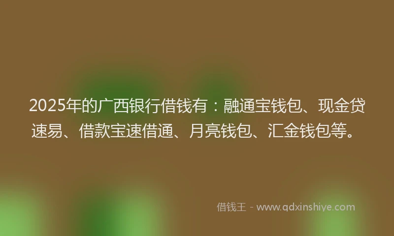 2025年的广西银行借钱有：融通宝钱包、现金贷速易、借款宝速借通、月亮钱包、汇金钱包等。