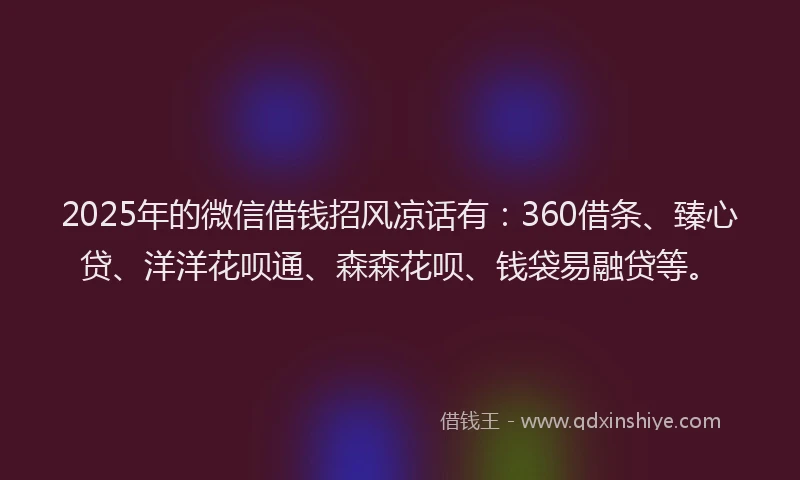 2025年的微信借钱招风凉话有：360借条、臻心贷、洋洋花呗通、森森花呗、钱袋易融贷等。