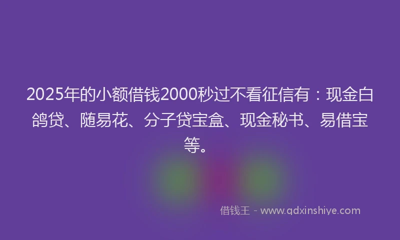 2025年的小额借钱2000秒过不看征信有：现金白鸽贷、随易花、分子贷宝盒、现金秘书、易借宝等。