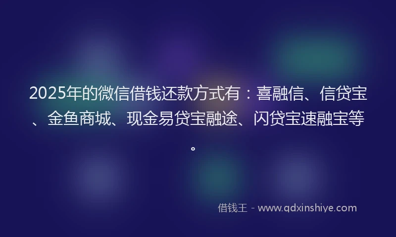 2025年的微信借钱还款方式有：喜融信、信贷宝、金鱼商城、现金易贷宝融途、闪贷宝速融宝等。
