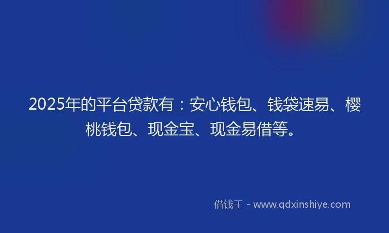 2025年的平台贷款有：安心钱包、钱袋速易、樱桃钱包、现金宝、现金易借等。