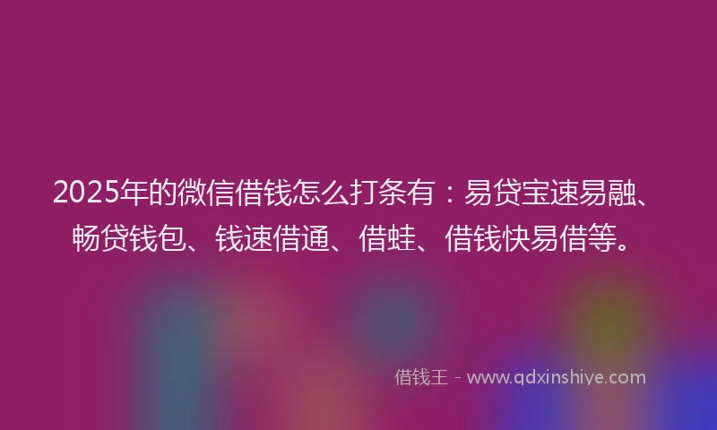 2025年的微信借钱怎么打条有：易贷宝速易融、畅贷钱包、钱速借通、借蛙、借钱快易借等。