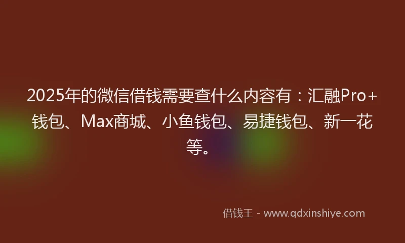 2025年的微信借钱需要查什么内容有：汇融Pro+钱包、Max商城、小鱼钱包、易捷钱包、新一花等。