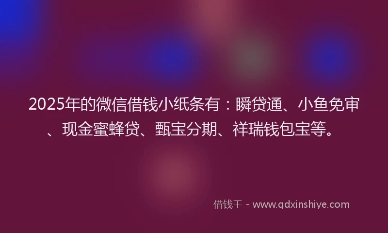2025年的微信借钱小纸条有：瞬贷通、小鱼免审、现金蜜蜂贷、甄宝分期、祥瑞钱包宝等。