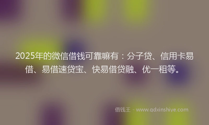 2025年的微信借钱可靠嘛有：分子贷、信用卡易借、易借速贷宝、快易借贷融、优一租等。