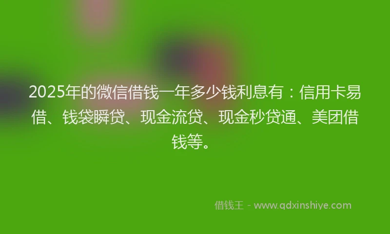 2025年的微信借钱一年多少钱利息有：信用卡易借、钱袋瞬贷、现金流贷、现金秒贷通、美团借钱等。