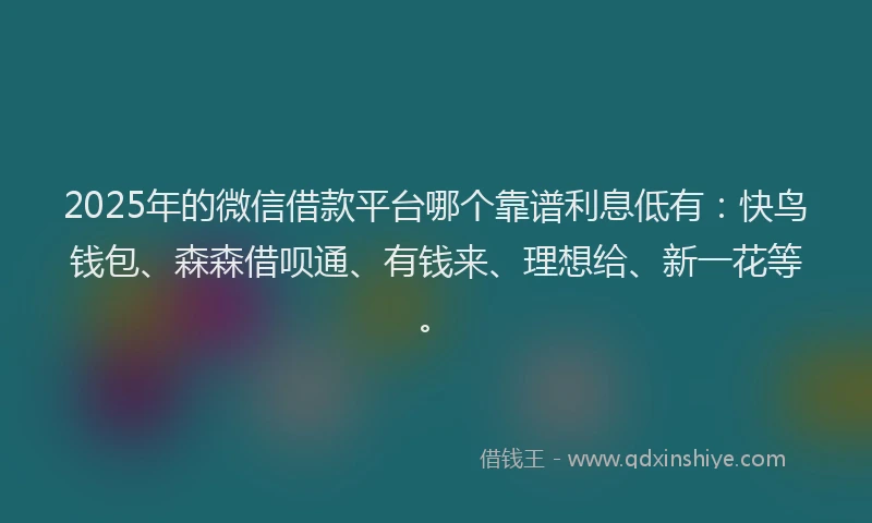 2025年的微信借款平台哪个靠谱利息低有：快鸟钱包、森森借呗通、有钱来、理想给、新一花等。