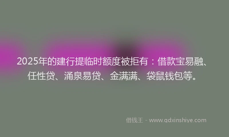2025年的建行提临时额度被拒有：借款宝易融、任性贷、涌泉易贷、金满满、袋鼠钱包等。