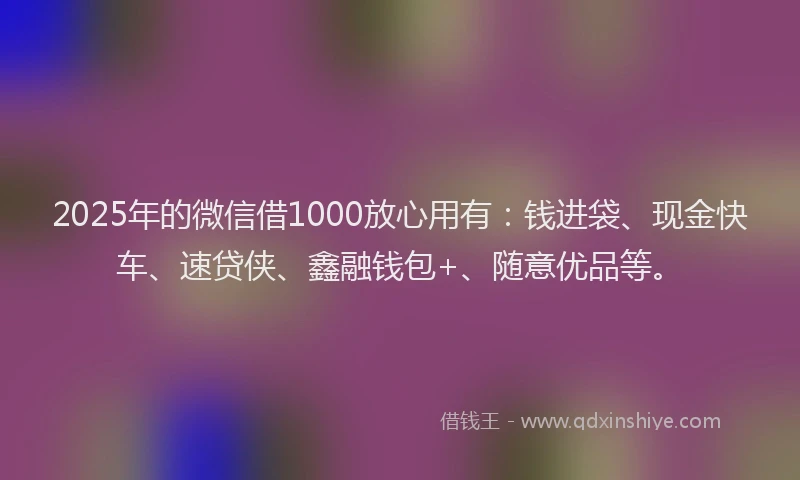 2025年的微信借1000放心用有：钱进袋、现金快车、速贷侠、鑫融钱包+、随意优品等。