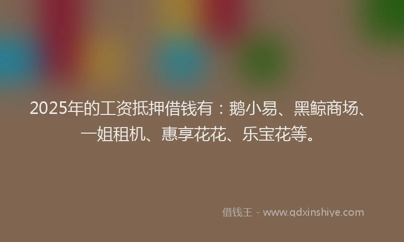 2025年的工资抵押借钱有：鹅小易、黑鲸商场、一姐租机、惠享花花、乐宝花等。