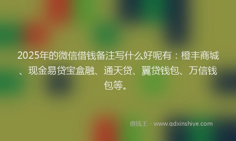 2025年的微信借钱备注写什么好呢有：橙丰商城、现金易贷宝盒融、通天贷、翼贷钱包、万信钱包等。