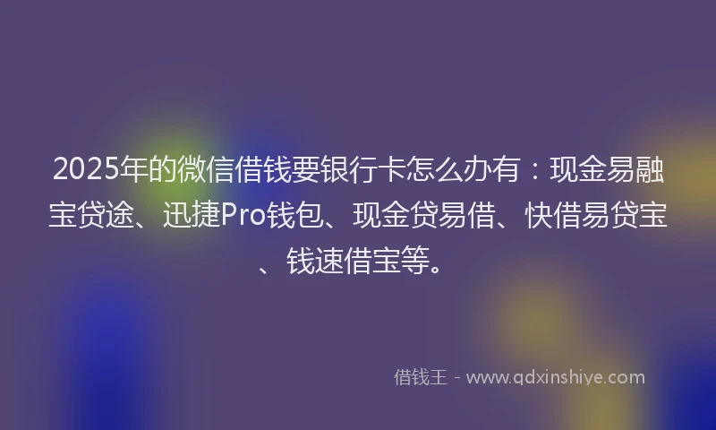 2025年的微信借钱要银行卡怎么办有：现金易融宝贷途、迅捷Pro钱包、现金贷易借、快借易贷宝、钱速借宝等。
