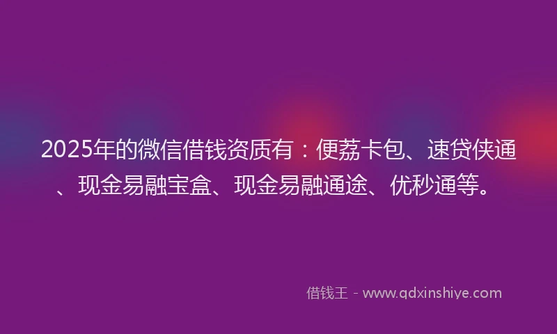 2025年的微信借钱资质有：便荔卡包、速贷侠通、现金易融宝盒、现金易融通途、优秒通等。