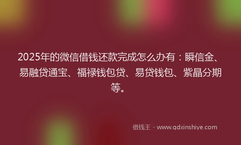 2025年的微信借钱还款完成怎么办有：瞬信金、易融贷通宝、福禄钱包贷、易贷钱包、紫晶分期等。