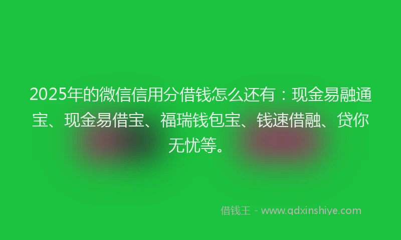 2025年的微信信用分借钱怎么还有：现金易融通宝、现金易借宝、福瑞钱包宝、钱速借融、贷你无忧等。